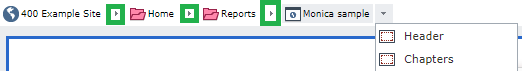 Breadcrumb navigation in Tridion Sites Ideas showing '400 Example Site' with dropdown arrow next to 'Monica sample' indicating more options.