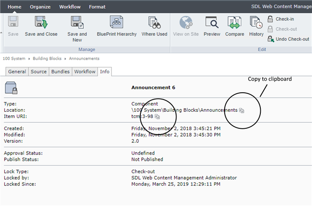 Tridion Sites Ideas interface showing an 'Announcement 6' component with a 'Copy to clipboard' function highlighted next to the Item URI field.