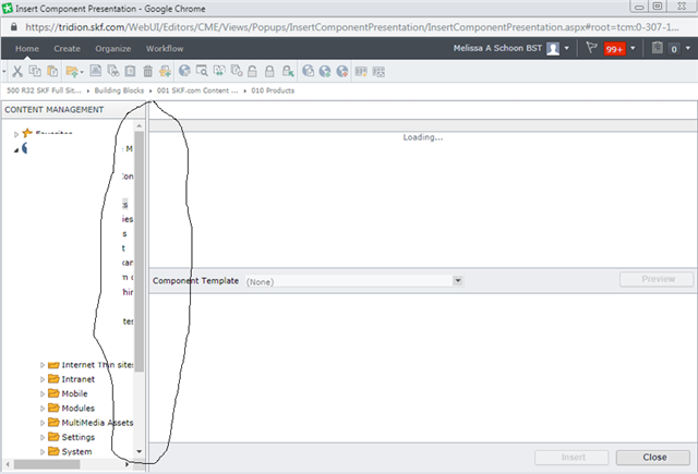 Tridion Sites Ideas interface with a pop-up navigation window on the left side, showing a loading screen and various content management folders such as Internet, Intranet, Mobile, and Multimedia Assets.