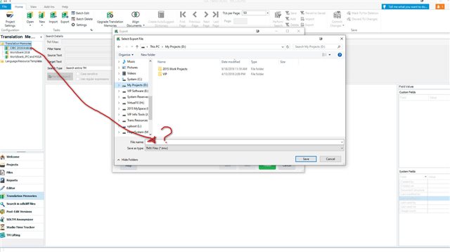 Screenshot of Trados Studio export window with a red arrow pointing to the 'Save as type' dropdown menu and a question mark indicating confusion at the need to manually enter a file name for TM export.