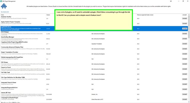 Screenshot of Trados Studio Plugin Manager with a user request highlighted for a search box to easily find and uninstall plugins.