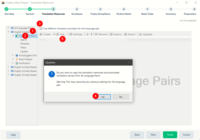 Trados Studio 'Create a New Project - Translation Resources' window with steps highlighted for adding translation providers.
