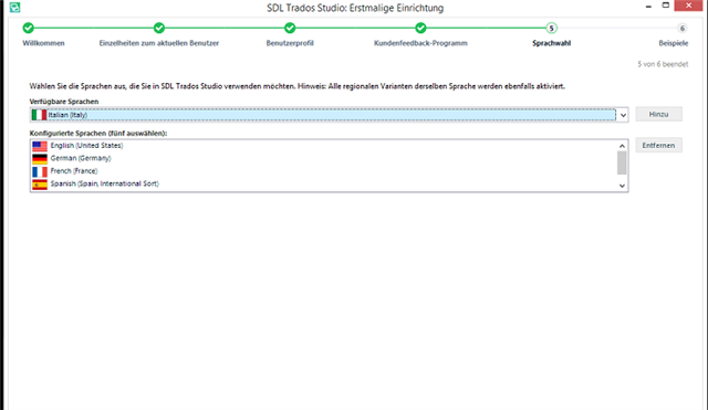 Screenshot of Trados Studio setup step 5 showing a small field with selected languages. Italian, English (United States), German (Germany), French (France), and Spanish (Spain, International Sort) are listed but only four are fully visible.