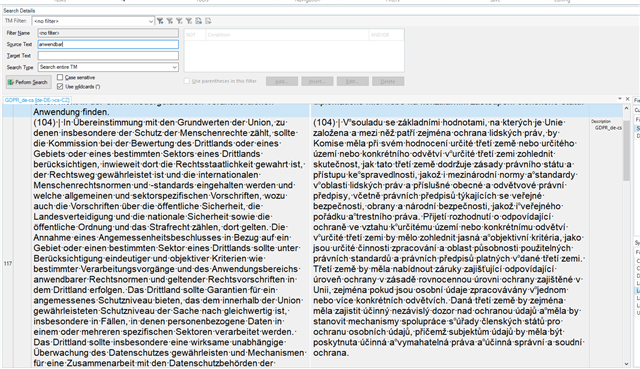 Screenshot of Trados Studio Ideas interface showing a large text segment with a search box above. The 'Source Text' and 'Target Text' input fields are visible with no highlighted search terms in the results.