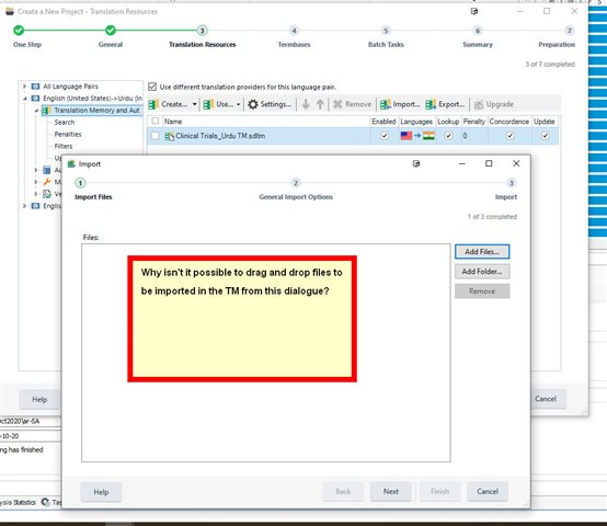 Screenshot of Trados Studio Ideas with a dialogue box open showing an import files section. A handwritten question asks why drag and drop is not possible for file import.