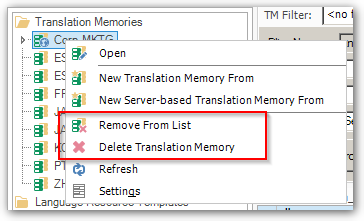 Screenshot showing Trados Studio Ideas context menu with 'Remove From List' directly above 'Delete Translation Memory' without a separator.