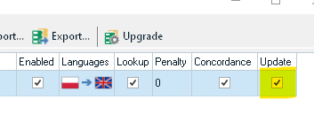 Trados Studio project settings showing enabled languages with flags, lookup penalty set to 0, concordance checked, and update option highlighted in yellow.