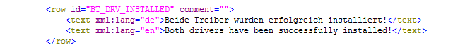 Screenshot of an XML code snippet with a row element containing bilingual text in German and English indicating successful driver installation.