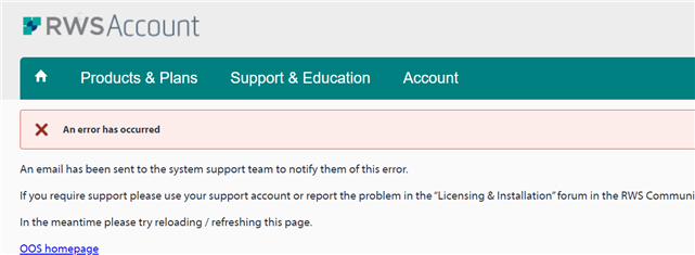 RWS Account error message stating 'An error has occurred' with instructions to contact support or refresh the page.