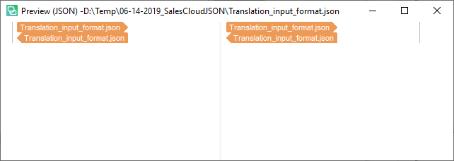 Preview window in Trados Studio displaying 'Translation_input_format.json' with no visible content, indicating no values were extracted for translation.