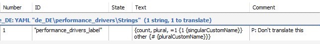 Screenshot of Trados Studio interface showing the performance_drivers_label string with a comment 'P: Don't translate this'.