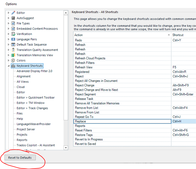 Screenshot of a software options menu with 'Keyboard Shortcuts' highlighted. A list of actions with corresponding shortcuts is visible. 'Reset to Defaults' button is at the bottom left.