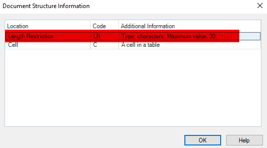 Screenshot of Document Structure Information dialog showing a Length Restriction entry with type characters and maximum value 30, and a Cell entry described as a cell in a table.