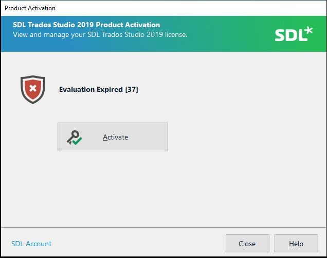 SDL Trados Studio 2019 Product Activation window showing an error message 'Evaluation Expired 37' with an Activate button below.