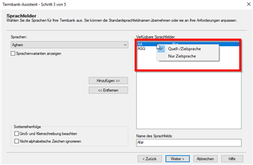 Screenshot of Trados Studio's TermBase Assistant step 3 of 5, showing language options with a red box highlighting the 'QuelleZielsprache' dropdown menu with options 'Nur Quellsprache' and 'Nur Zielsprache'.