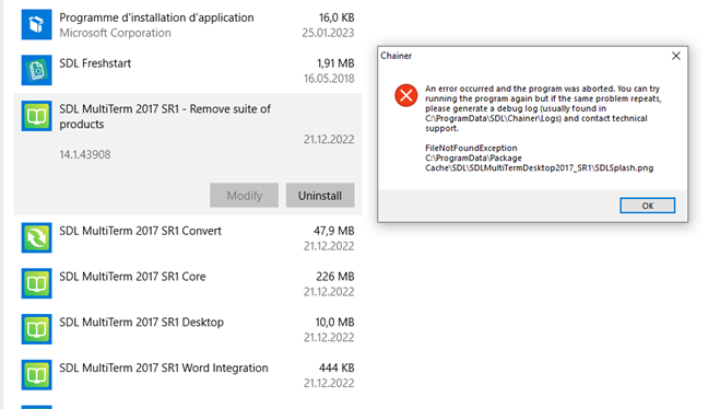 Error message window on top of SDL MultiTerm 2017 SR1 uninstallation screen, stating 'An error occurred and the program was aborted. FileNotFoundException C:ProgramDataSDLSDLMultiTermDesktop2017_SR1SDLSplash.png'.