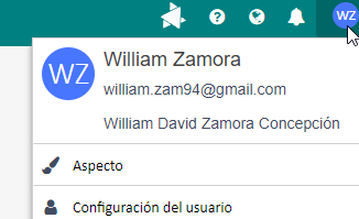 Dropdown menu in Trados Studio with user details showing the name as William Zamora and email as william.zam94@gmail.com, with additional full name William David Zamora Concepcion below.