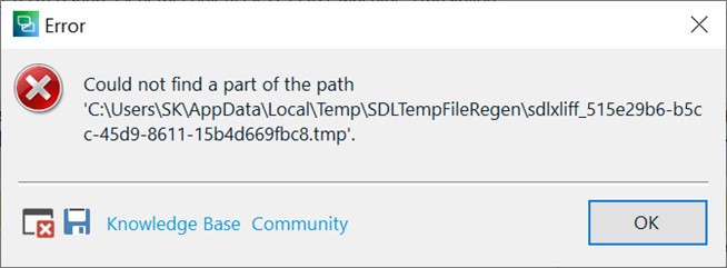 Error message in Trados Studio stating 'Could not find a part of the path' followed by a file path ending in 'sdlxliff_515e29b6-b5cc-45d9-8611-15b4d669fbc8.tmp'.