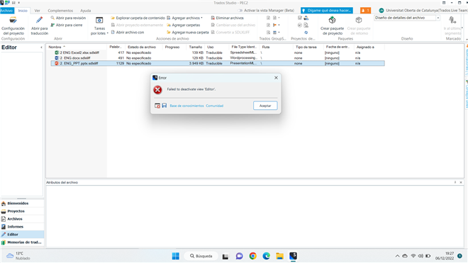 Screenshot of Trados Studio showing an error dialog box with the message 'Failed to deactivate view: Editor'.