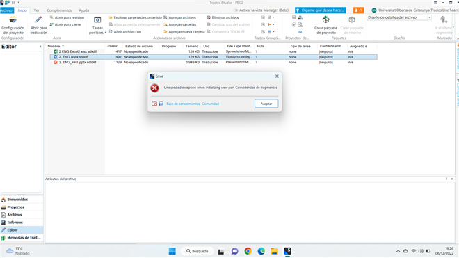Screenshot of Trados Studio with an error message window stating 'Unexpected exception when initializing view part: Concordance in fragments'.