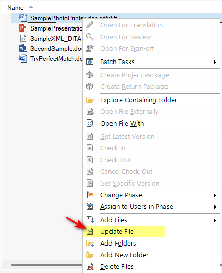 Screenshot of a context menu in Trados Studio with the 'Update File' option highlighted, indicating the process to replace a source file in a project.