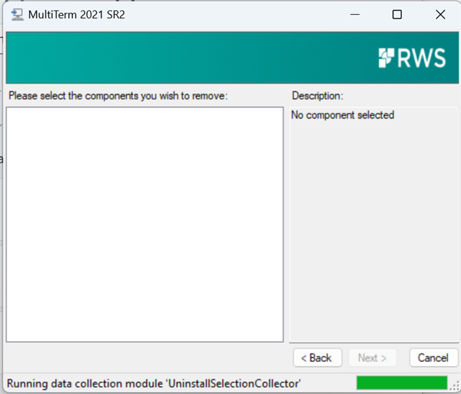 Uninstall dialog for Multiterm 2021 SR2 showing no components available for selection with a message 'No component selected' and buttons for Back, Next, and Cancel.