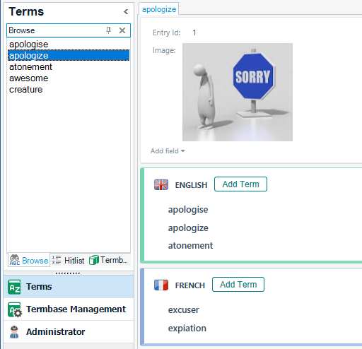 Trados Studio screenshot showing the Terms section with 'apologise' and 'apologize' listed under English and 'excuser' and 'expiation' under French.