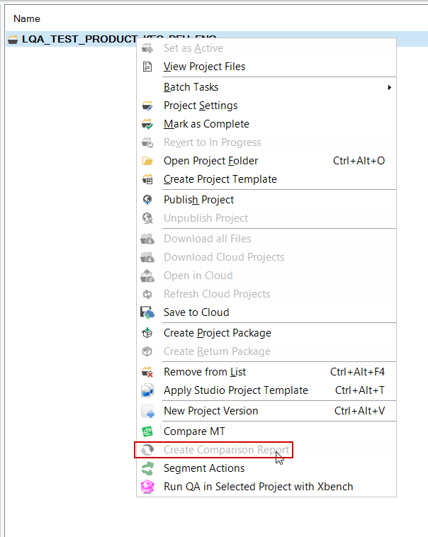 Context menu in Trados Studio showing the 'Create Comparison Report' button greyed out.