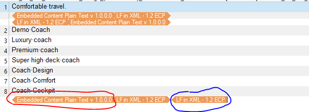 Trados Studio interface highlighting the use of Embedded Content Plain Text and LF in XML - 1.2 ECP file types.