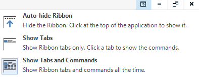 Dropdown menu in Trados Studio with options Auto-hide Ribbon, Show Tabs, and Show Tabs and Commands.