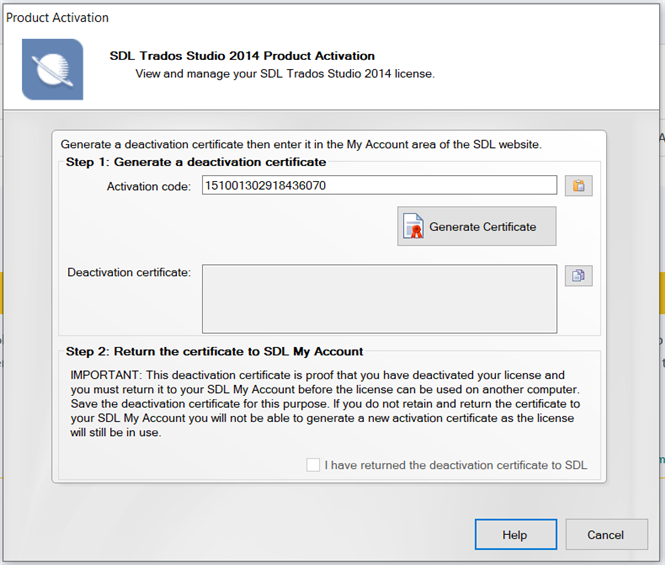 Product Activation window with instructions to generate a deactivation certificate, showing an activation code and a greyed out 'Generate Certificate' button.