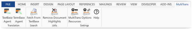 Microsoft Word interface showing a new MultiTrans tab with various options related to the MultiTrans Add-in.