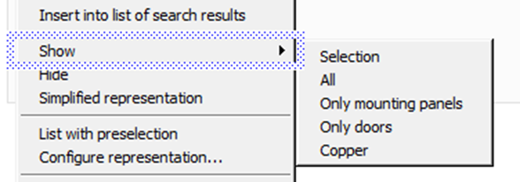 Screenshot of Trados Studio menu with 'Insert into list of search results' highlighted, showing submenu options 'Show', 'Hide', 'Simplified representation', 'List with preselection', and 'Configure representation...'.