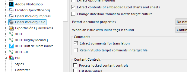 Trados Studio settings menu with PDF options expanded showing 'Extract comments for translation' checked.