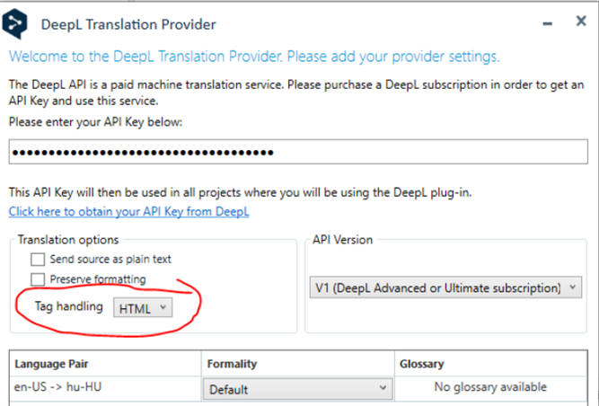 DeepL Translation Provider settings dialog with 'Tag handling' set to 'HTML'. API Key section is blurred out. Language Pair is set from English US to Hungarian.