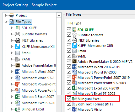 Screenshot of Trados Studio Project Settings showing File Types list. Bilingual Excel filetype is highlighted in red and positioned above Microsoft PowerPoint 2007-2019 filetype.