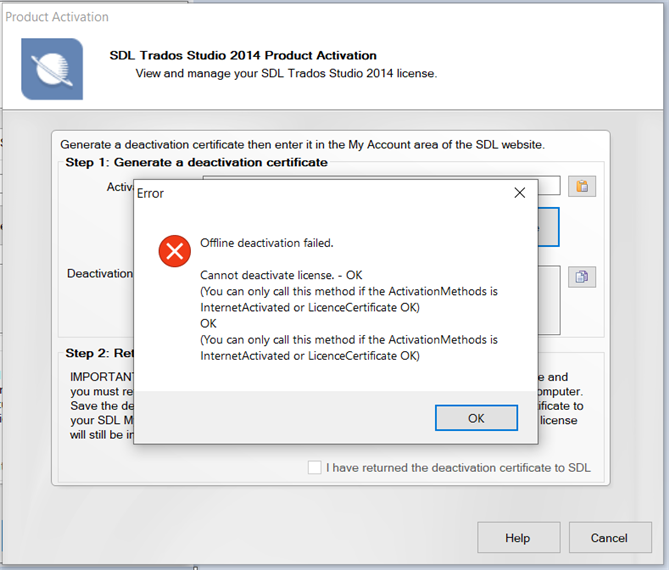 Error message pop-up over the Product Activation window stating 'Offline deactivation failed. Cannot deactivate license.' with additional instructions.