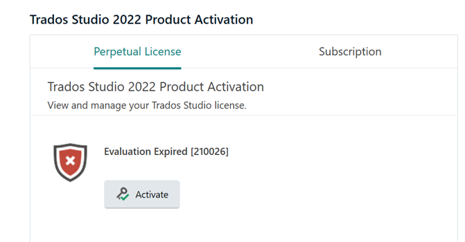 Trados Studio 2022 Product Activation screen showing an error message 'Evaluation Expired 210026' with an activate button below.