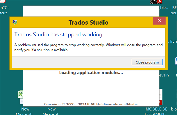 Error message on a computer screen stating 'Trados Studio has stopped working. A problem caused the program to stop working correctly. Windows will close the program and notify you if a solution is available.' with a 'Close program' button.