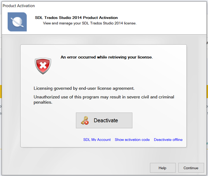 SDL Trados Studio 2014 Product Activation window showing an error message 'An error occurred while retrieving your license.' with a deactivate button below.