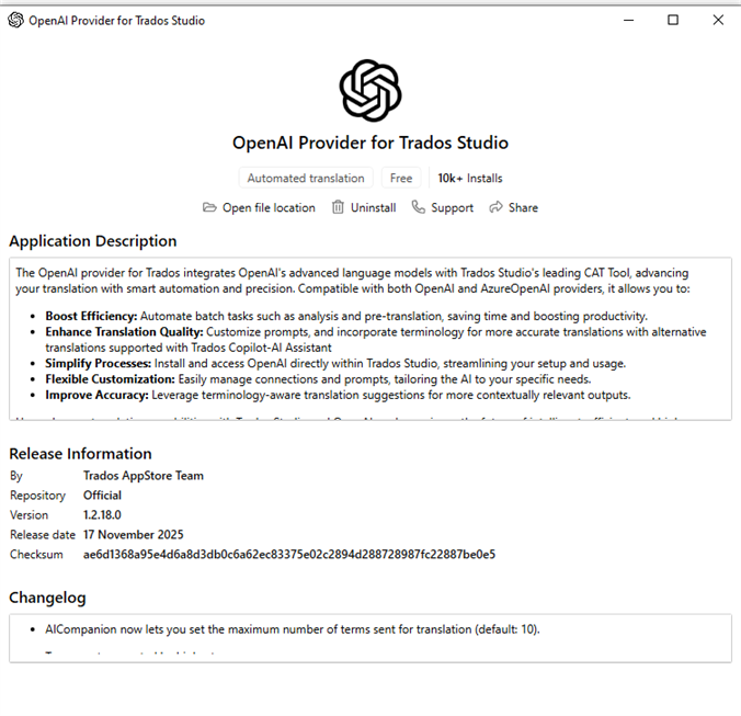 OpenAI Provider for Trados Studio application description with features like Boost Efficiency, Enhance Translation Quality, and Simplify Processes, along with release information and changelog details.
