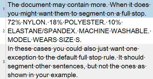 Text sample in Trados Studio showing segmentation with full stops followed by uppercase letters, indicating an exception to the rule.