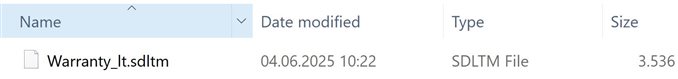 File manager view showing a file named Warranty_lt.sdltm with type SDLTM File, modified on 04.06.2025 at 10:22, and size 3.536 KB.