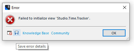 Error dialog box with red X icon, title 'Error', and message 'Failed to initialize view 'Studio.Time.Tracker'. Below are two buttons: 'Knowledge Base' and 'Community', and an 'OK' button. A link 'Save error details' is at the bottom.