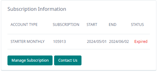 Screenshot showing Subscription Information with columns for Account Type, Subscription, Start, End, and Status. It indicates a 'Starter Monthly' account, subscription number 105913, with a start date of 20240501, an end date of 20240602, and a status marked as 'Expired'. Below are two buttons: 'Manage Subscription' and 'Contact Us'.