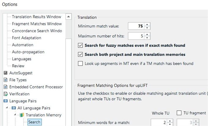 Trados Studio Options menu under Translation showing 'Minimum match value' set to 75 and 'Search for fuzzy matches even if exact match found' checked.