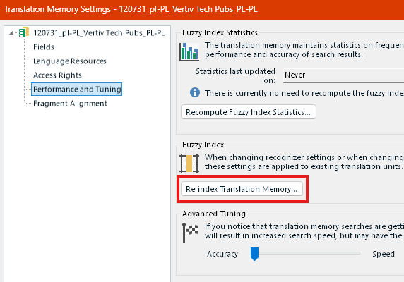 Trados Studio Translation Memory Settings showing the 'Re-index Translation Memory' button under the Fuzzy Index section.