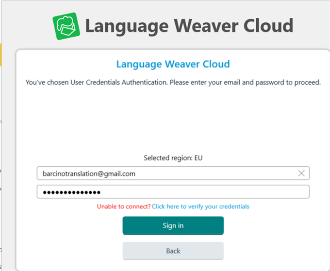 Language Weaver Cloud login screen with an email entered and a message indicating an inability to connect with a link to verify credentials.