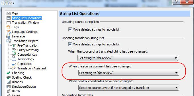 Trados Studio Options dialog showing String List Operations with 'Set string to "for review"' selected for 'When the source comment has been changed'.