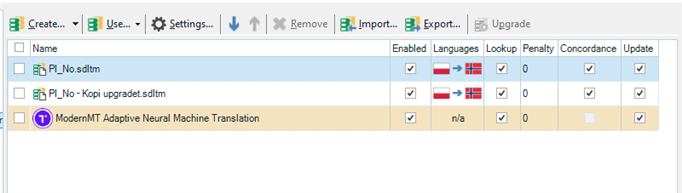 Screenshot of Trados Studio project settings displaying translation memory and machine translation configurations.